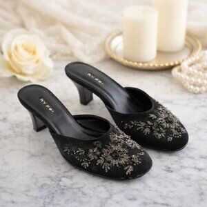 Hype Black Satin Beaded Mule Heels Slides w/Box Womens Size 6